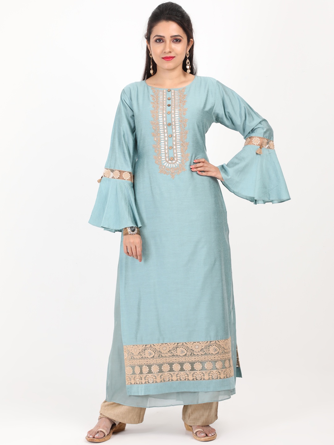 

SABOO COLLECTIONS Women Blue & Beige Embroidered Kurta with Trousers
