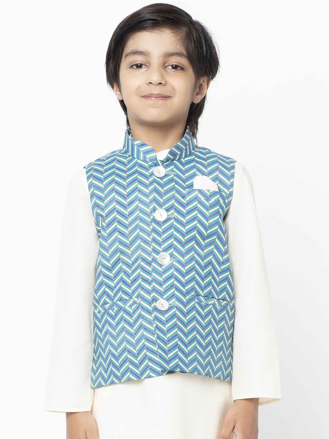 

KISAH Boys Blue & White Printed Nehru Jacket