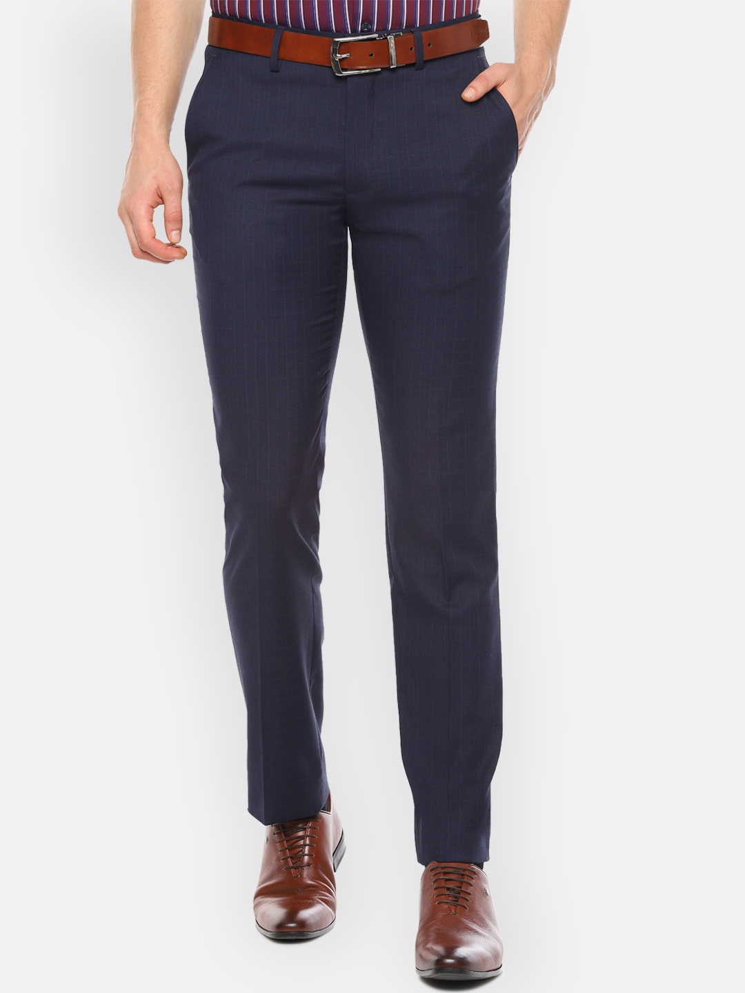 

Louis Philippe Men Navy Blue Slim Fit Checked Formal Trousers