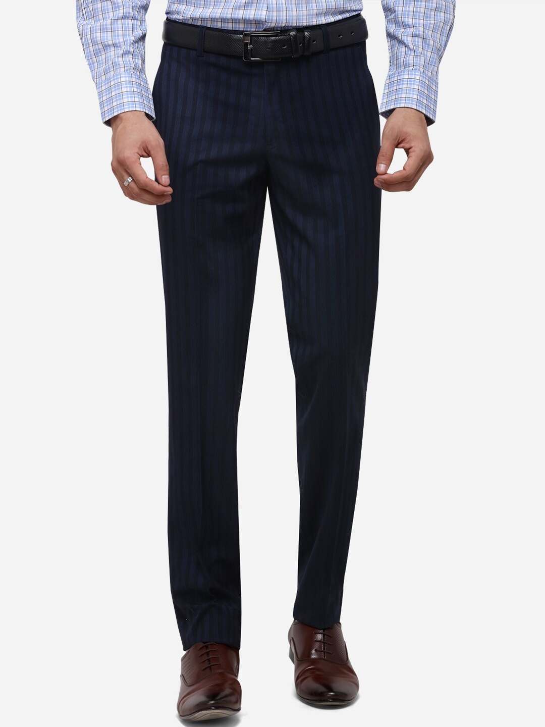 

JADE BLUE Men Navy Blue Skinny Fit Striped Formal Trousers