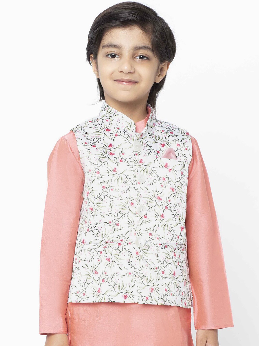 

KISAH Boys White & Pink Floral Print Nehru Jacket