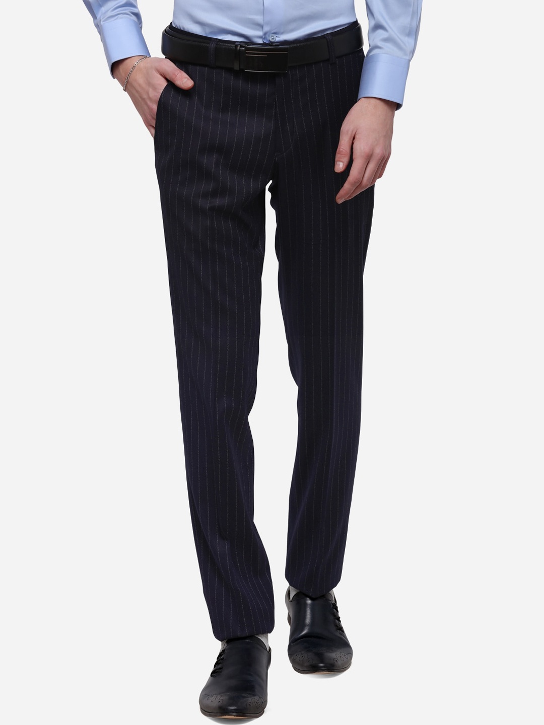 

JADE BLUE Men Navy Blue Skinny Fit Striped Formal Trousers