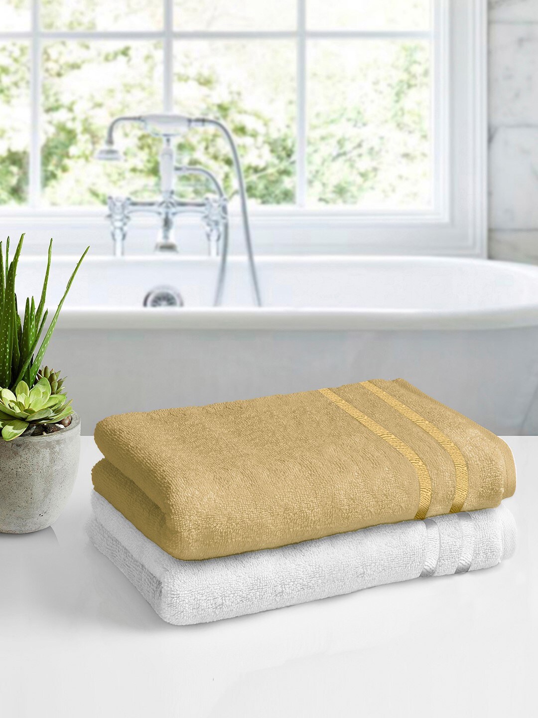 

Story@home Set Of 2 White & Beige Solid 450GSM Cotton Medium Size Bath Towels