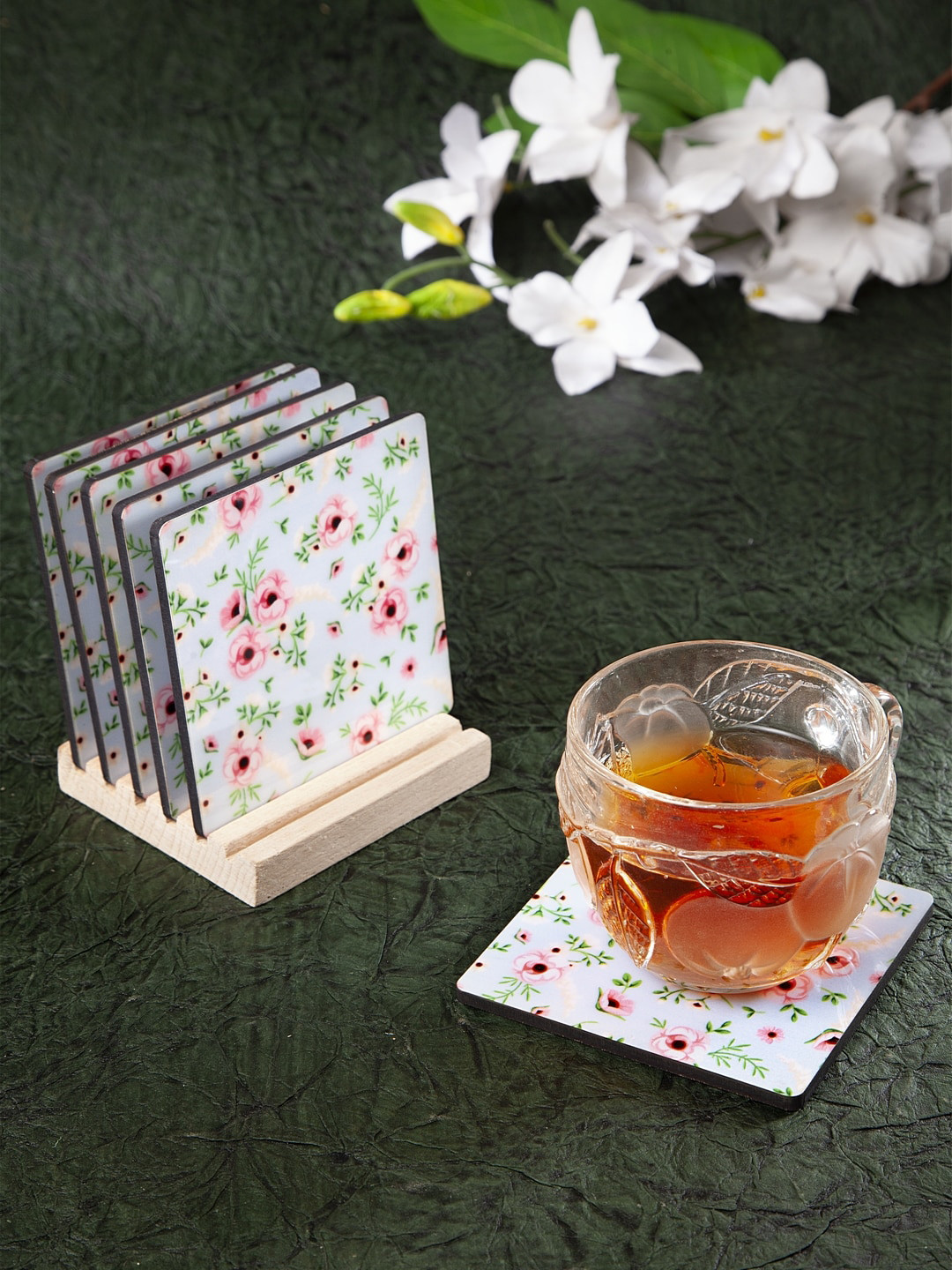 

Alina decor Set of 6 Green & Pink Digital Print Wooden Coasters with Stand