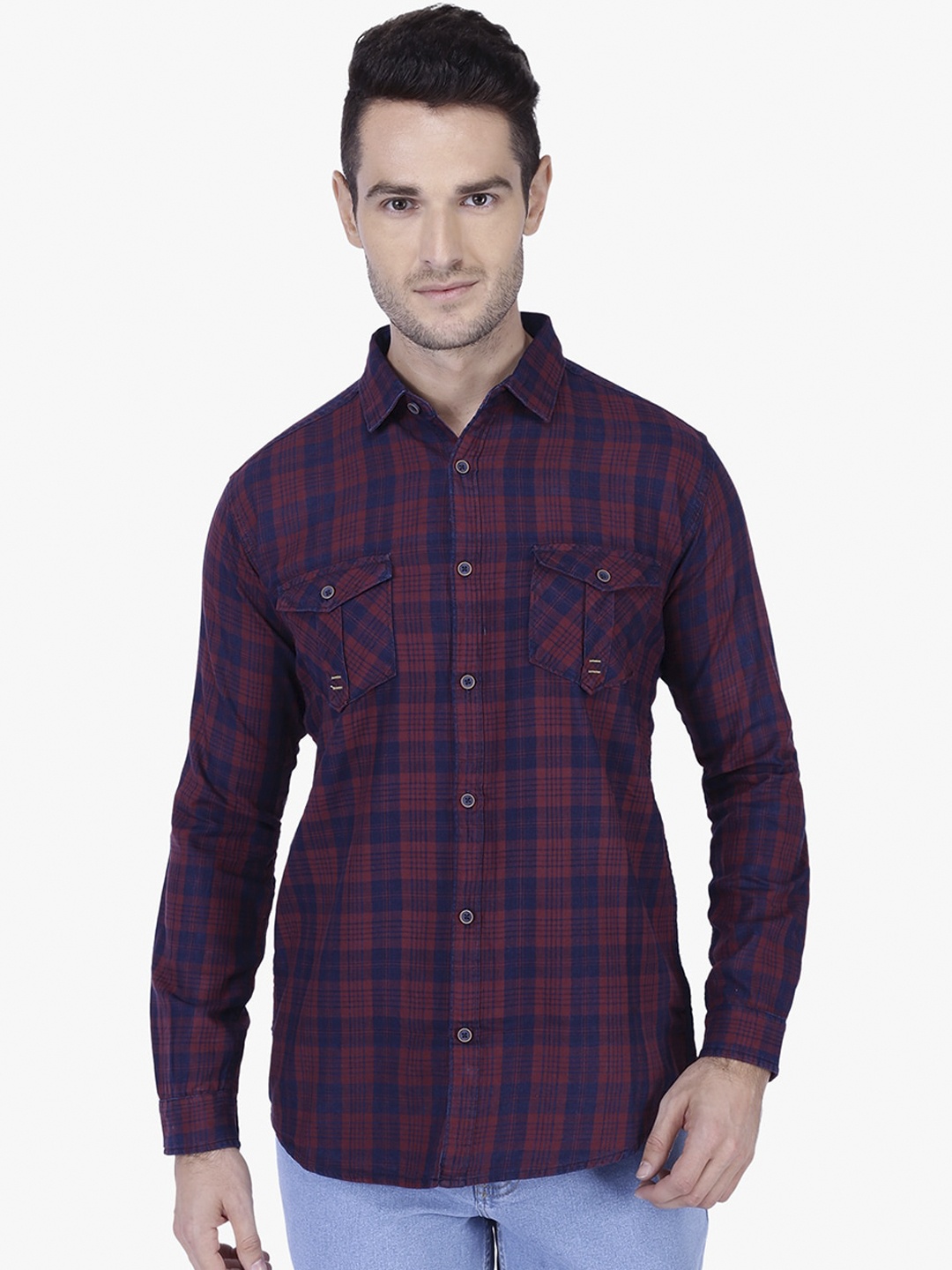 

Kuons Avenue Men Burgundy & Navy Blue Slim Fit Checked Casual Shirt