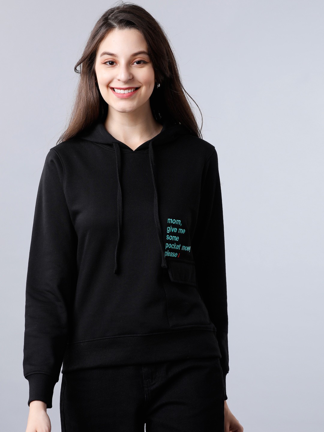 

Tokyo Talkies Women Black Printed Hooded Sweatshirt