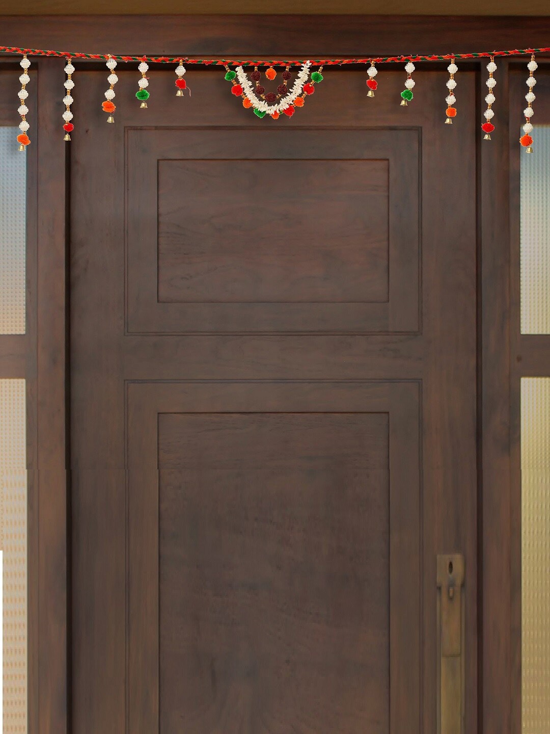

eCraftIndia White & Red Decorative Toran Door Hanging With Shells & Rudraksh