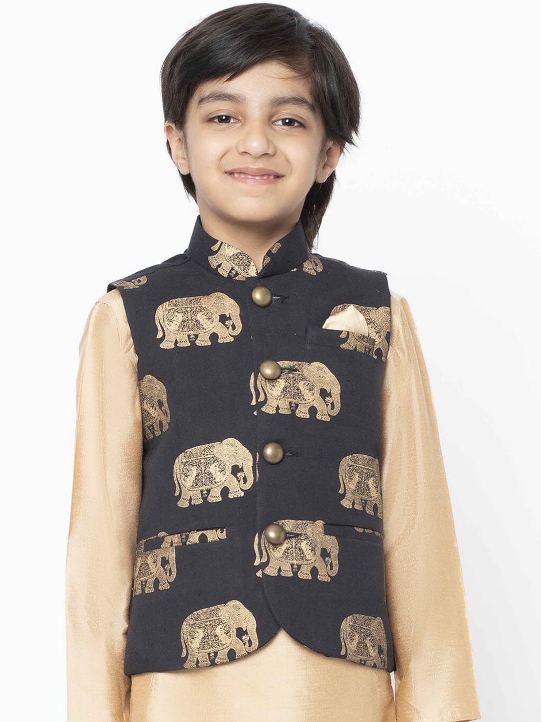 

KISAH Boys Black & Gold-Colour Printed Woven Nehru Jacket