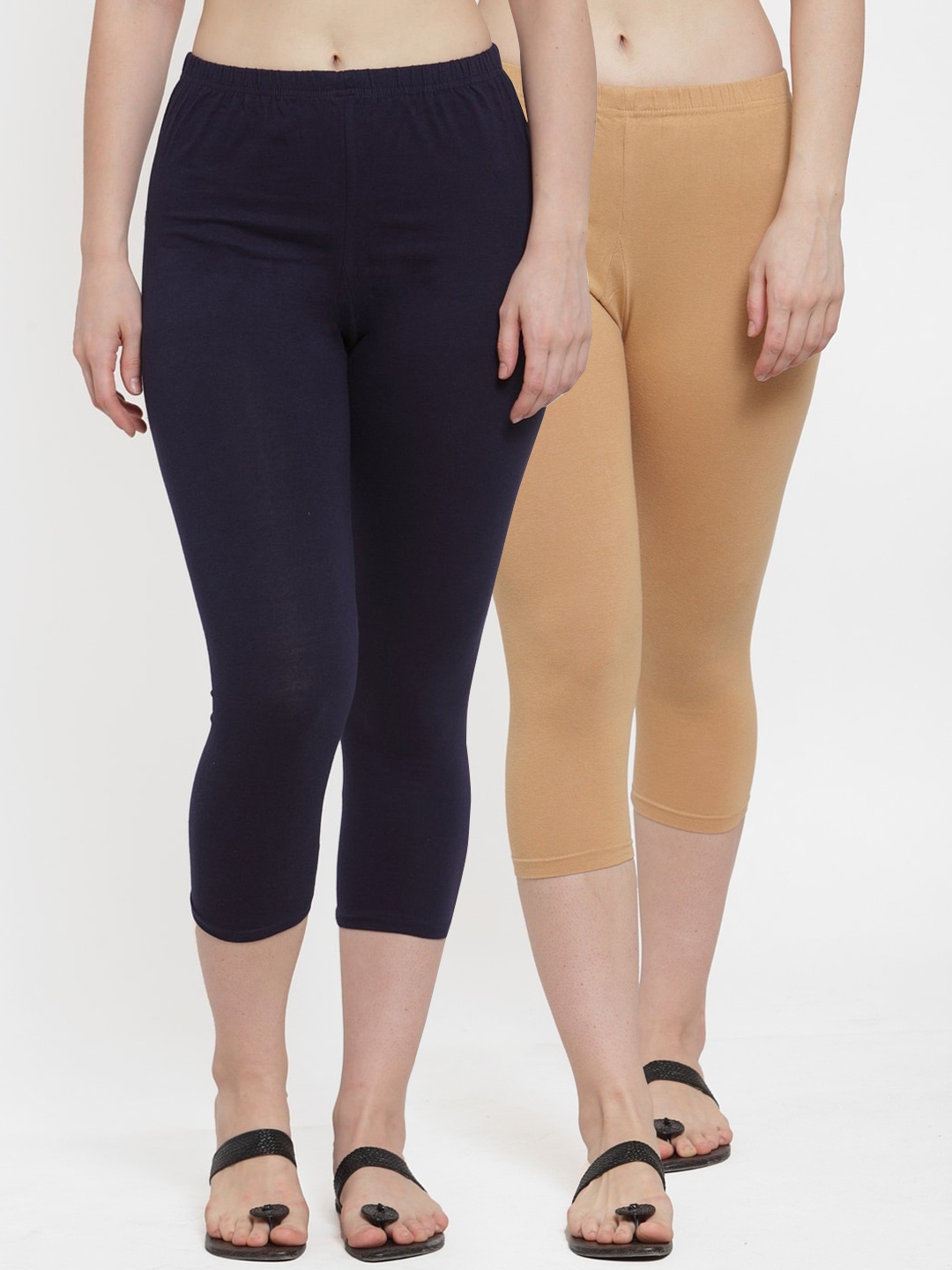 GRACIT Women Pack Of 2 Solid Three-Fourth Length Leggings, Beige