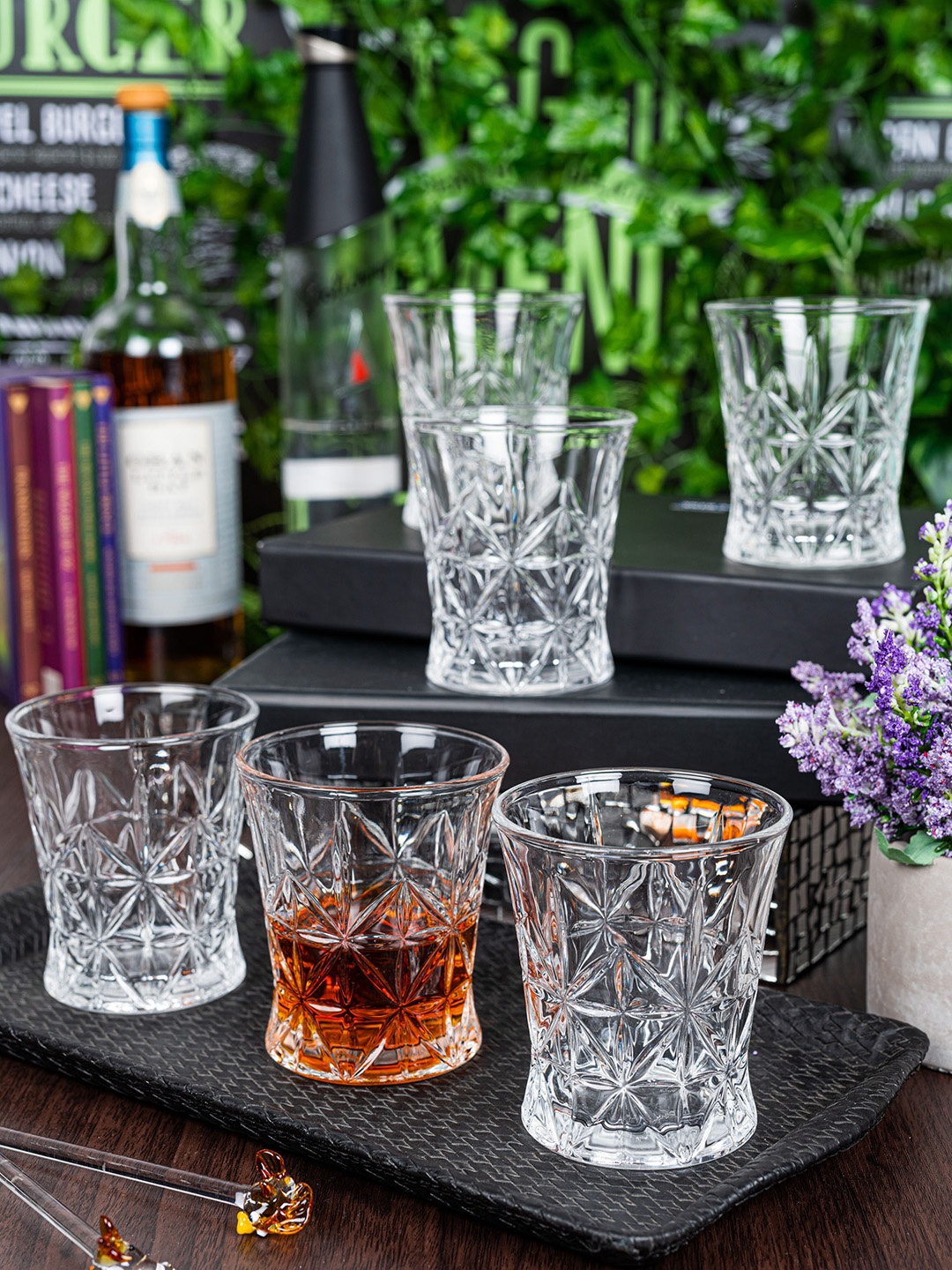 GOODHOMES Set Of 6 Transparent Textured Glass Whisky Tumbler