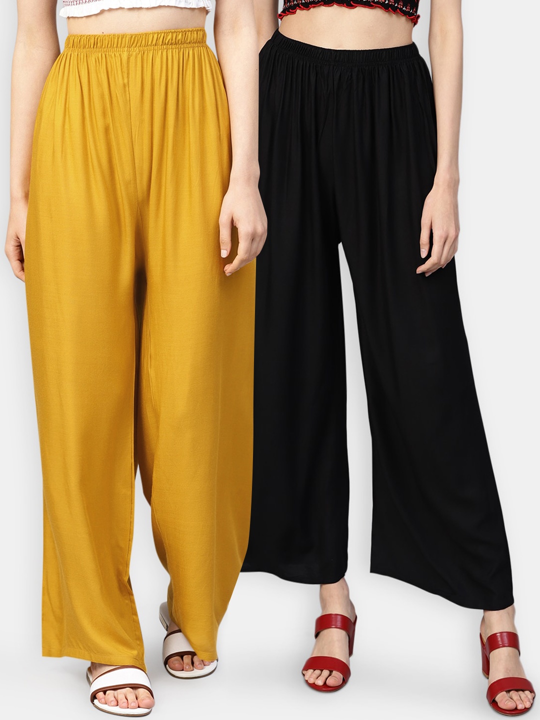 

Jompers Women Black & Mustard Yellow Pack of 2 Solid Flared Palazzos