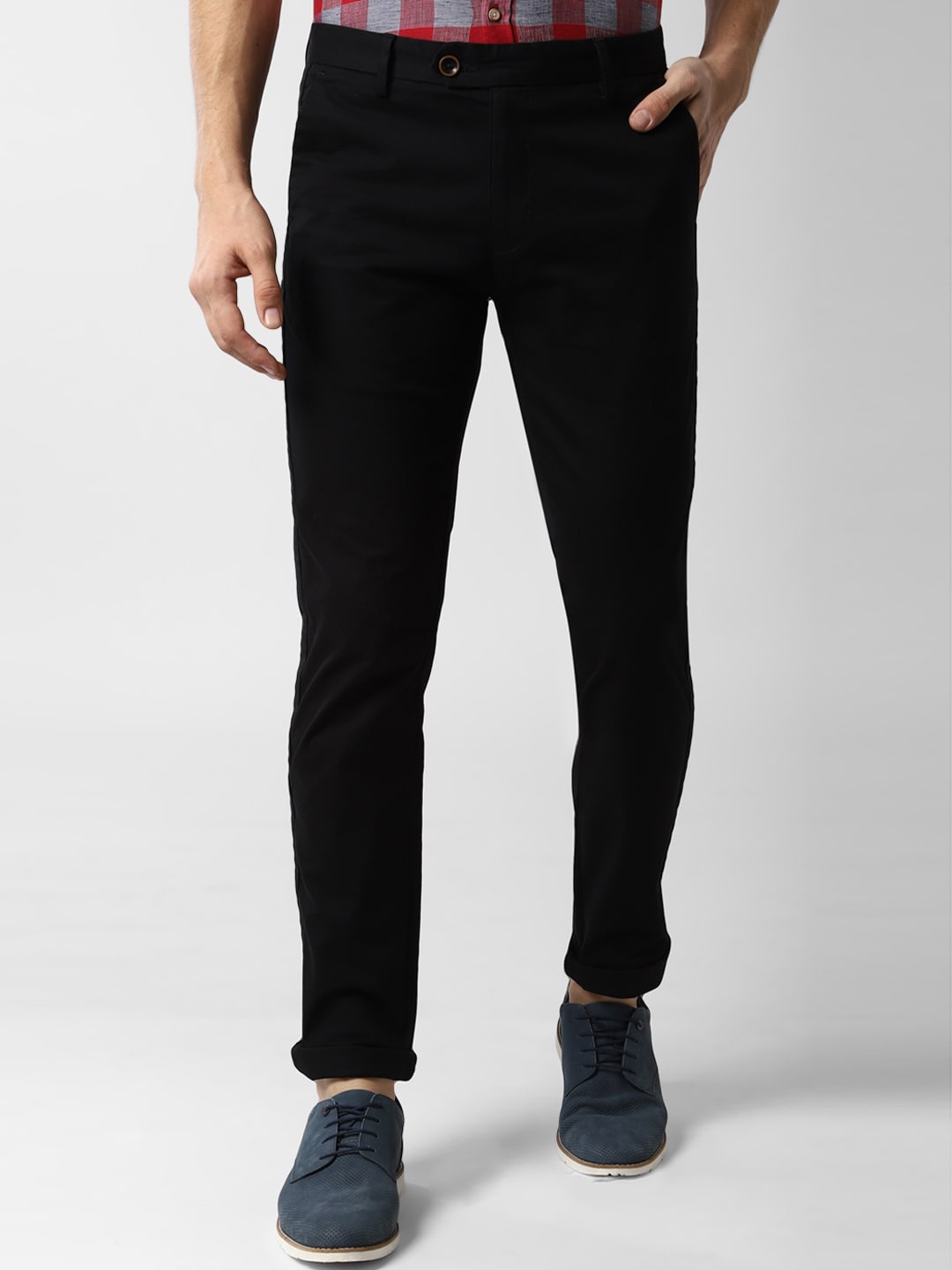 Peter England Casuals Men Black Slim Fit Solid Regular Trousers