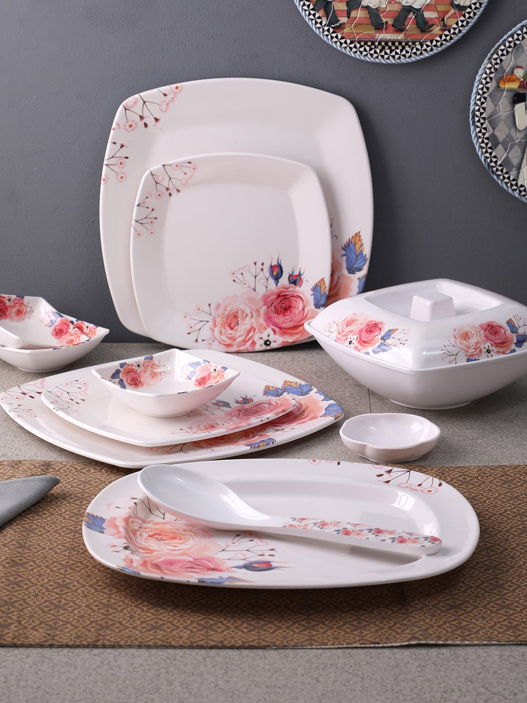 

Gallery99 Off-White & Pink Floral Printed 32 Pieces Melamine Dinner Set