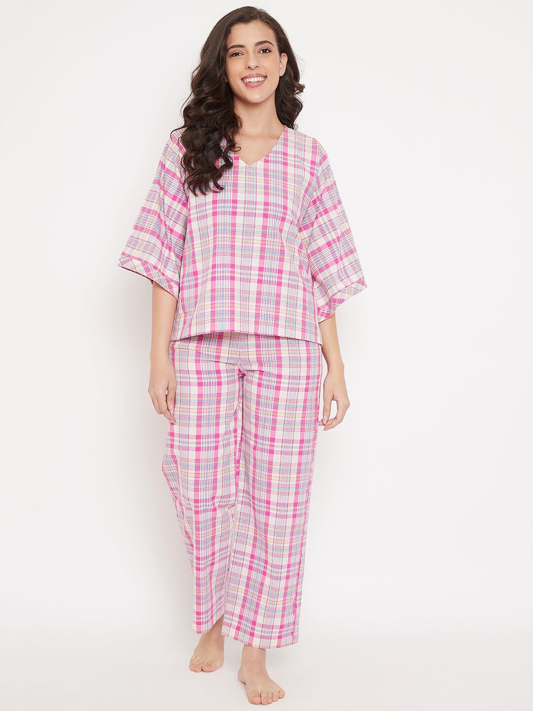 

The Kaftan Company Women Pink & Grey Checked Night suit