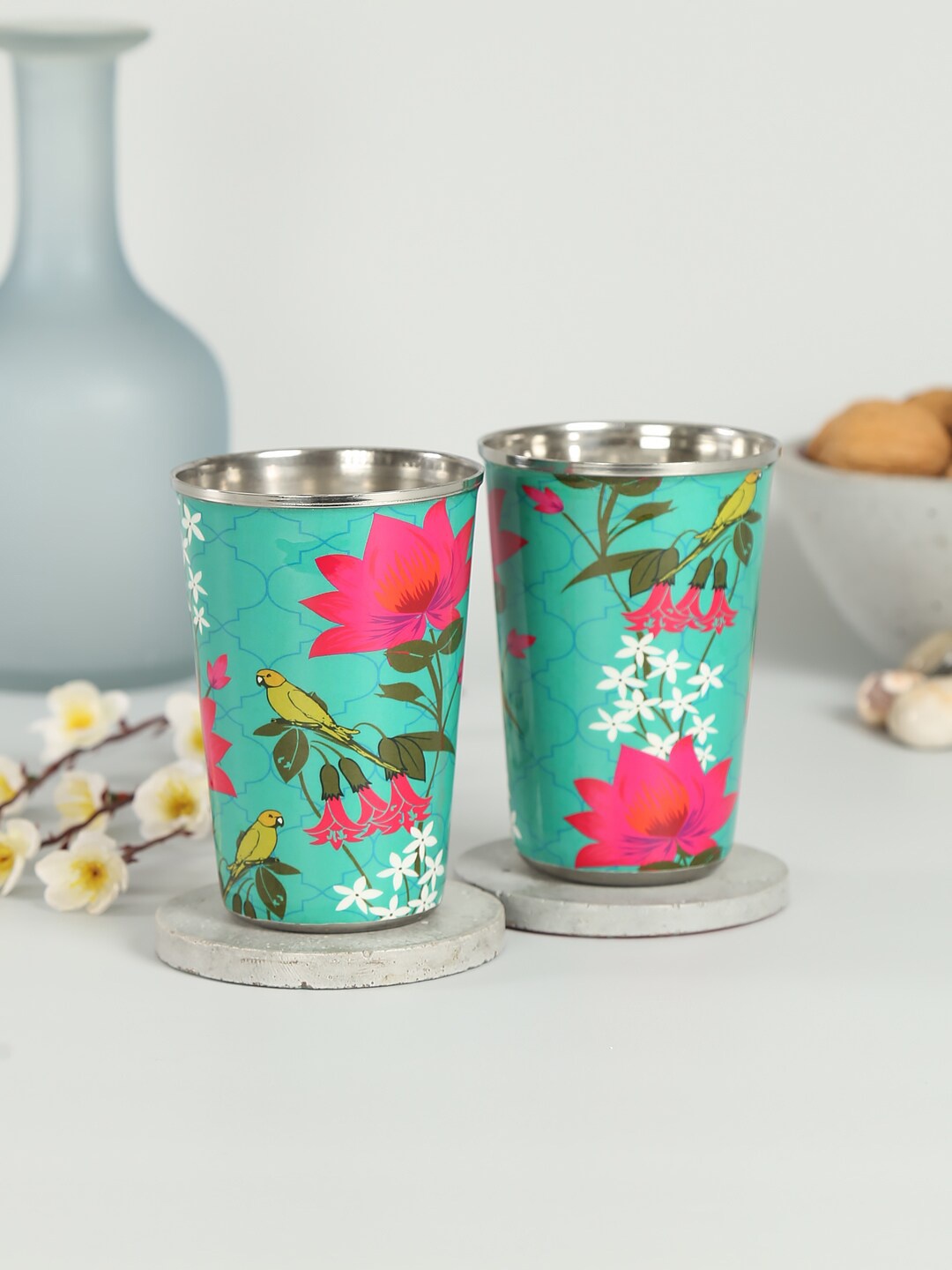 

India Circus by Krsnaa Mehta 2 Pieces Green Printed Parrot & Blooms Steel Glasses