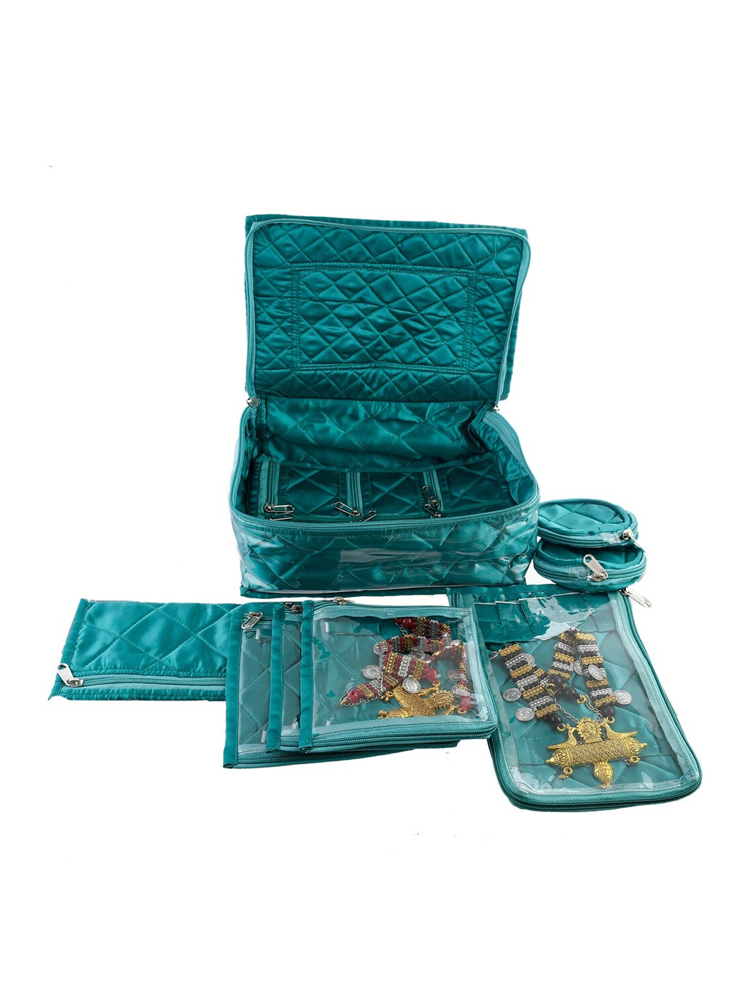 

Kuber Industries Green Quilted Satin Laminated 12 Pieces Jewellery Organiser Kit