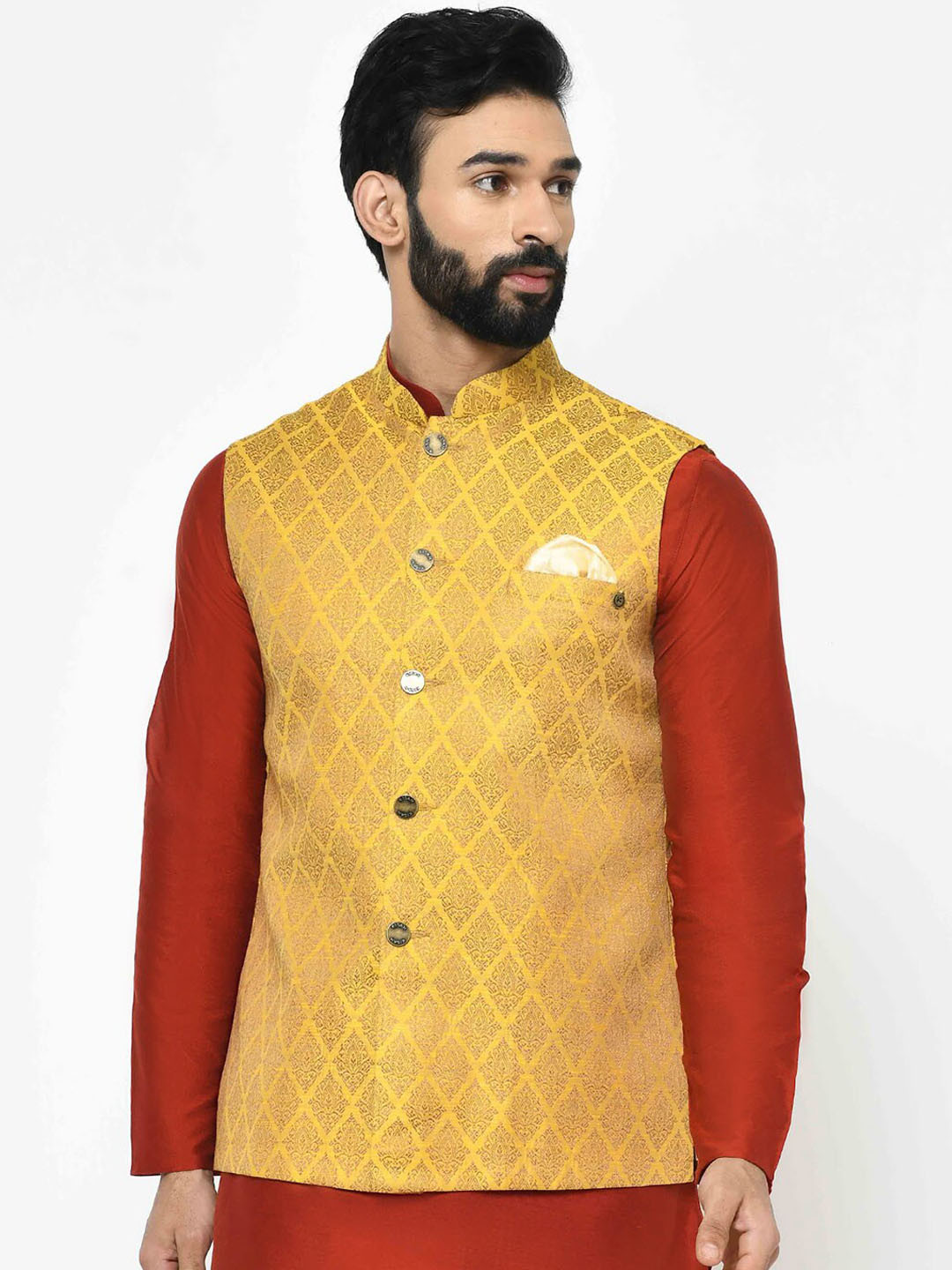 

KISAH Men Yellow & Gold-Coloured Printed Nehru Jacket
