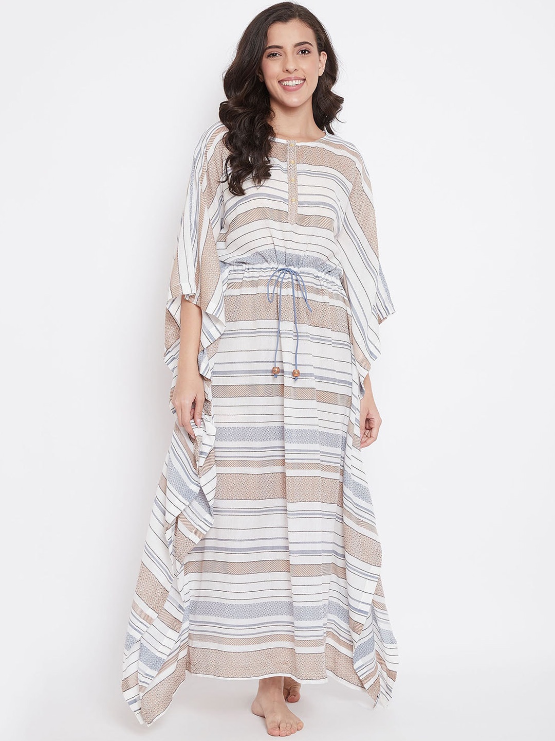 

The Kaftan Company Off-White & Beige Striped Nightdress