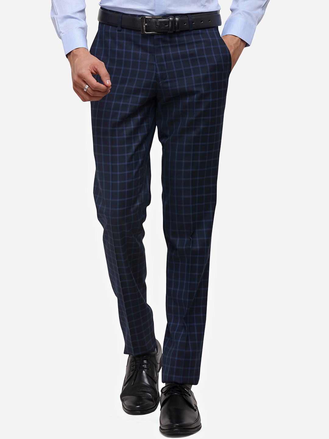 

JADE BLUE Men Navy Blue Skinny Fit Checked Formal Trousers