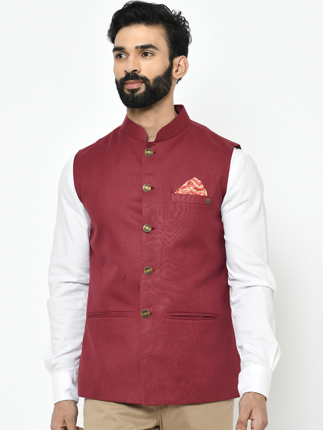 

KISAH Men Maroon Solid Nehru Jacket
