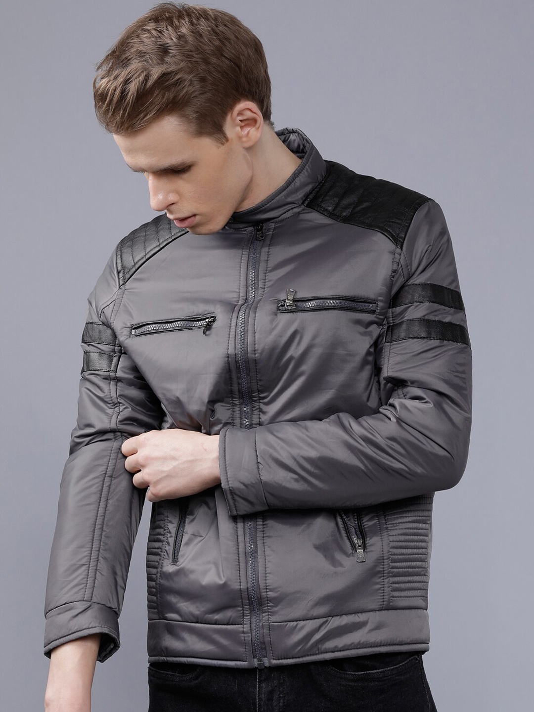 The Indian Garage Co Men Grey Solid Lightweight Biker Jacket