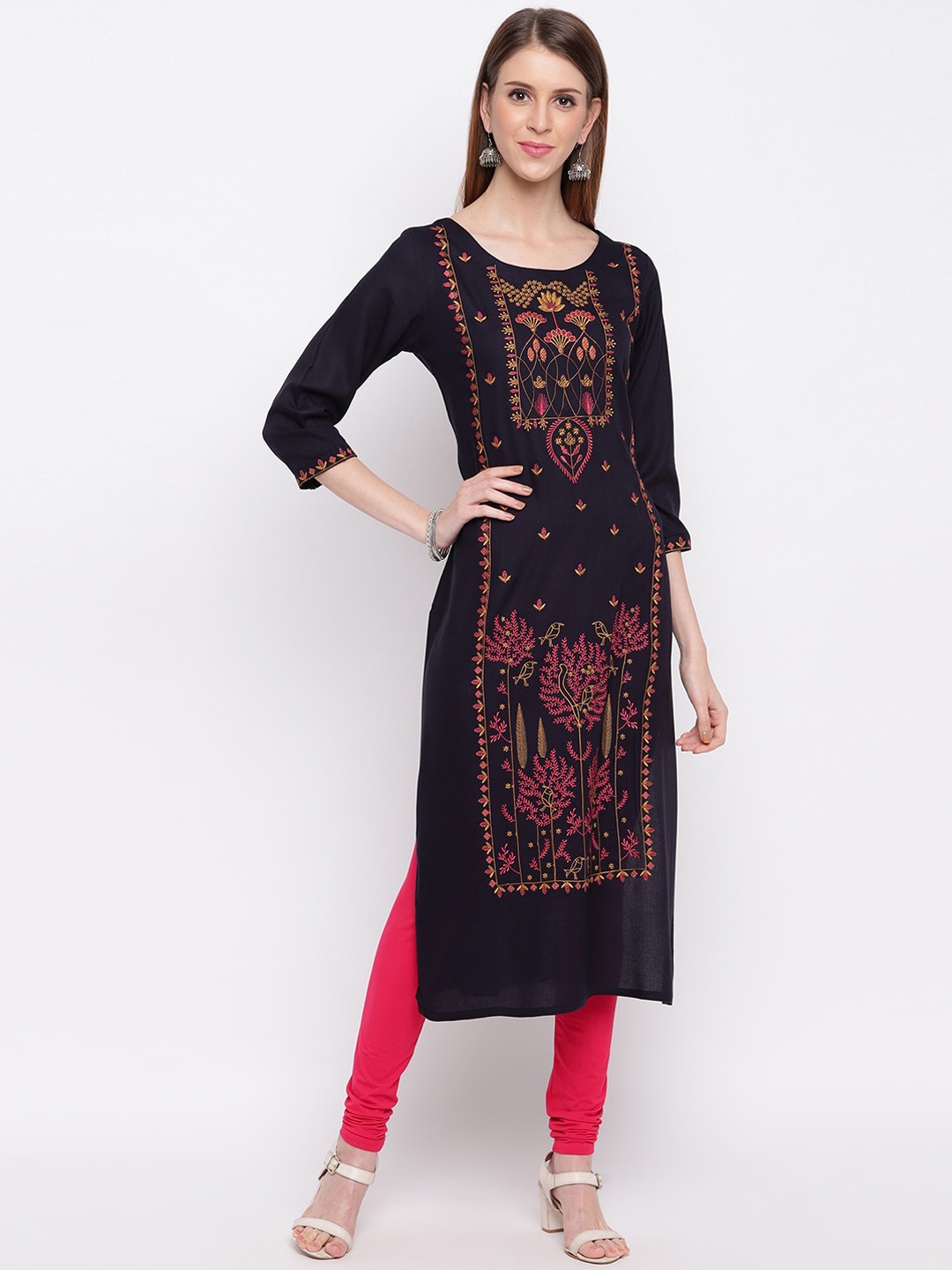 

Vbuyz Women Navy Blue Ethnic Motifs Embroidered Sequins Kurta