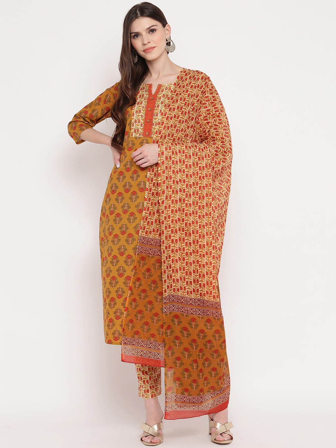 

Vbuyz Women Mustard Yellow & Red Printed Kurta with Palazzos & Dupatta