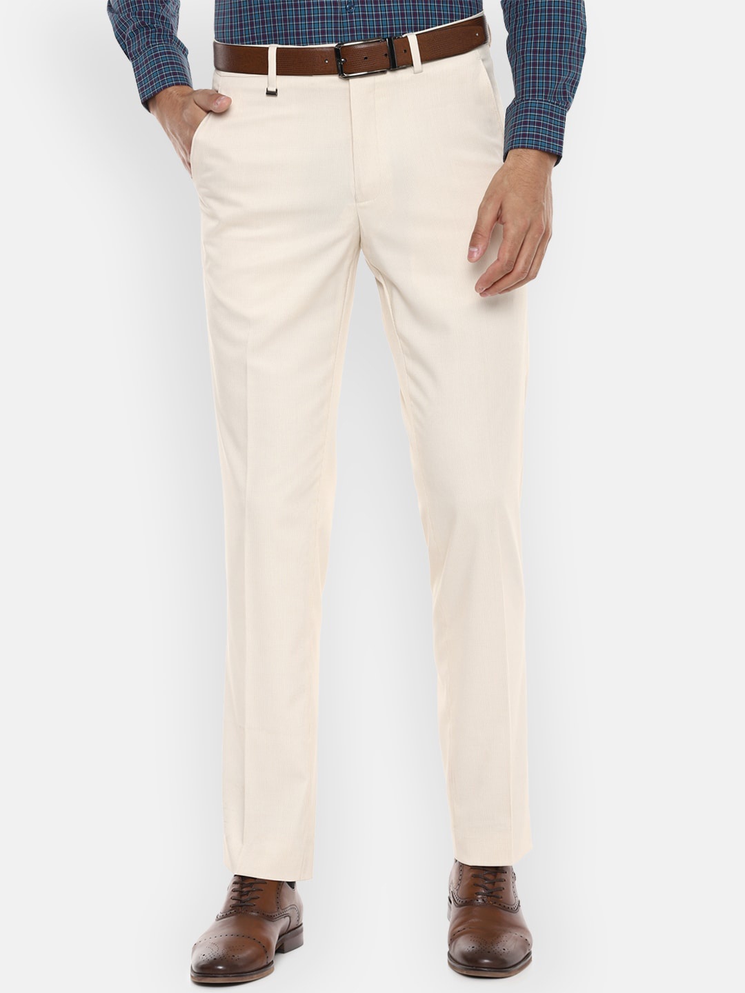 

Van Heusen Men Cream-Coloured Regular Fit Checked Formal Trousers