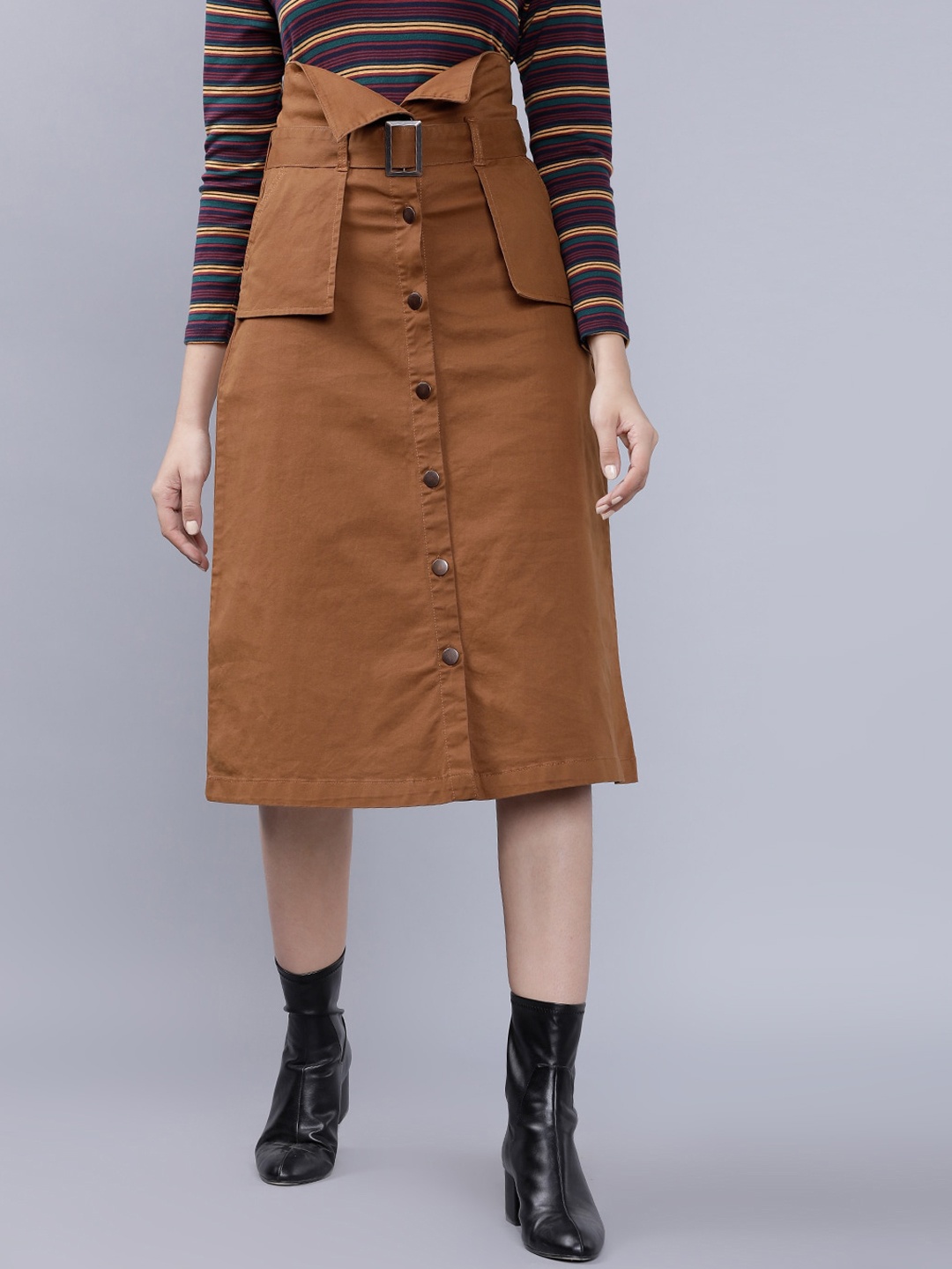 

Tokyo Talkies Women Tan Brown A-Line Midi Pure Cotton Skirt