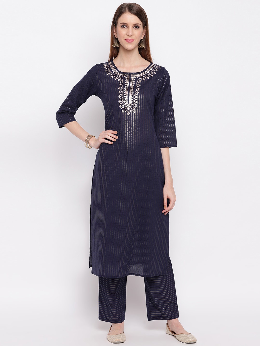 

Vbuyz Women Navy Blue Yoke Design Kurta with Trousers