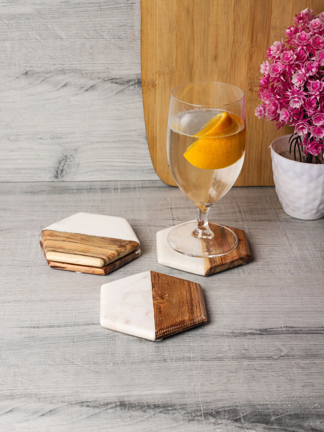

NikkisPride Set Of 4 White & Brown Marble Wood Hexagon Abstract Coasters