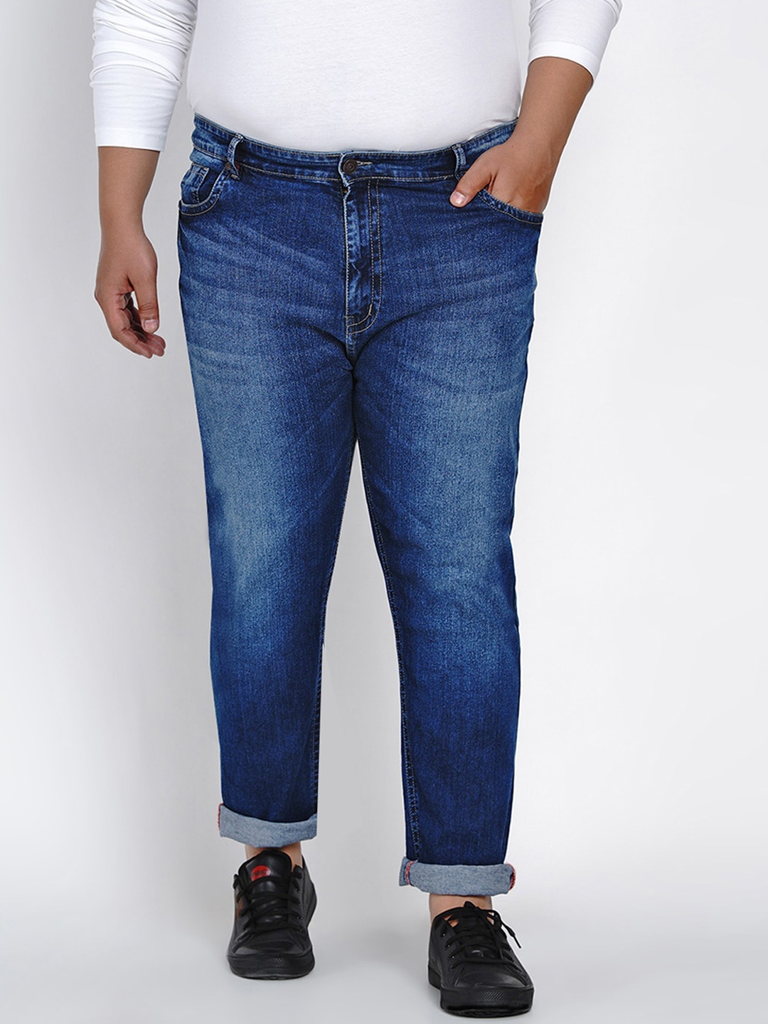 

John Pride Plus Size Regular Fit Mid-Rise Low Distress Stretchable Jeans, Blue