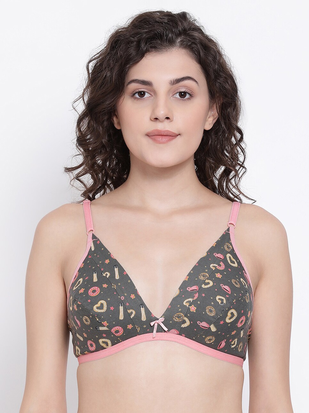 

Clovia Grey & Pink Printed Non-Wired Non Padded Everyday Bra BR1595M0532B