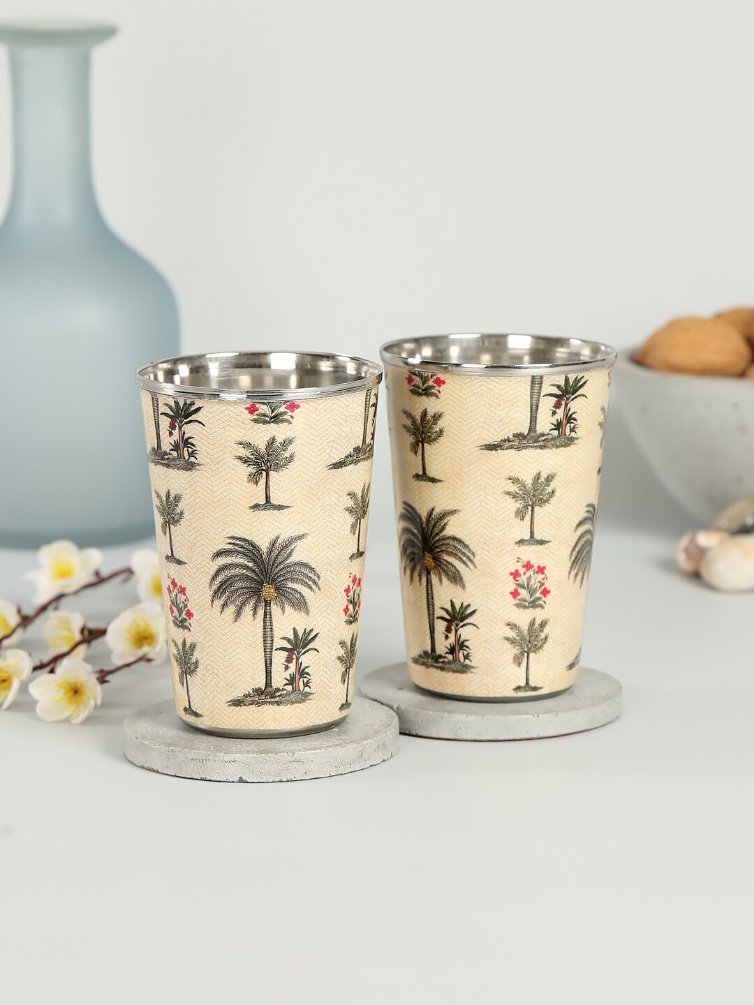 

India Circus by Krsnaa Mehta 2 Pieces Beige Printed Chevron Palms Steel Glasses
