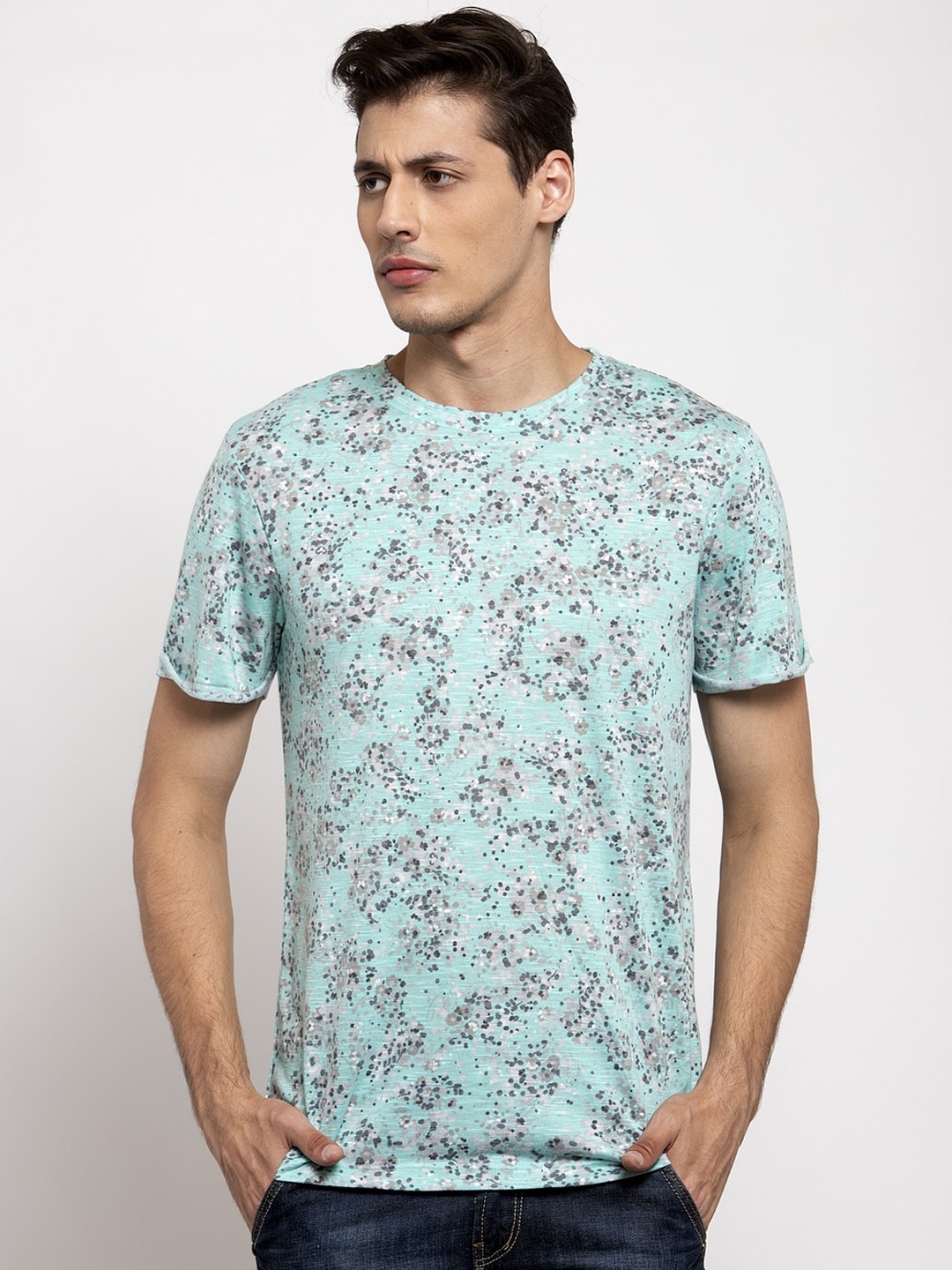 

DOOR74 Men Green Printed Henley Neck T-shirt