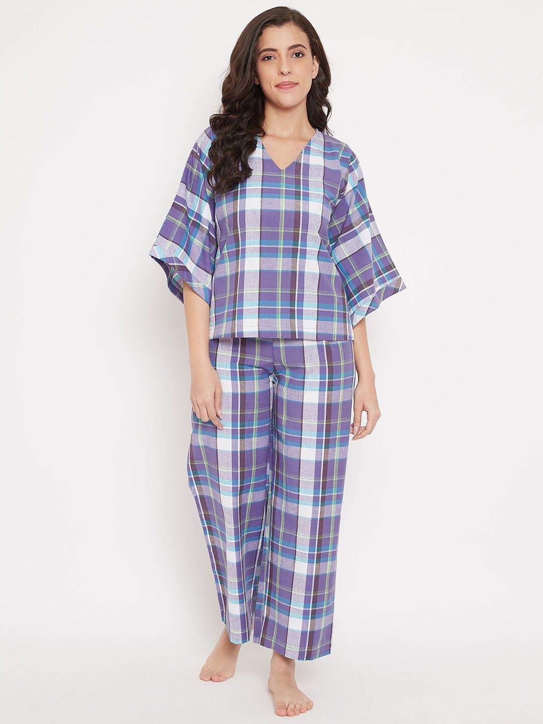 

The Kaftan Company Women Purple & White Checked Night suit