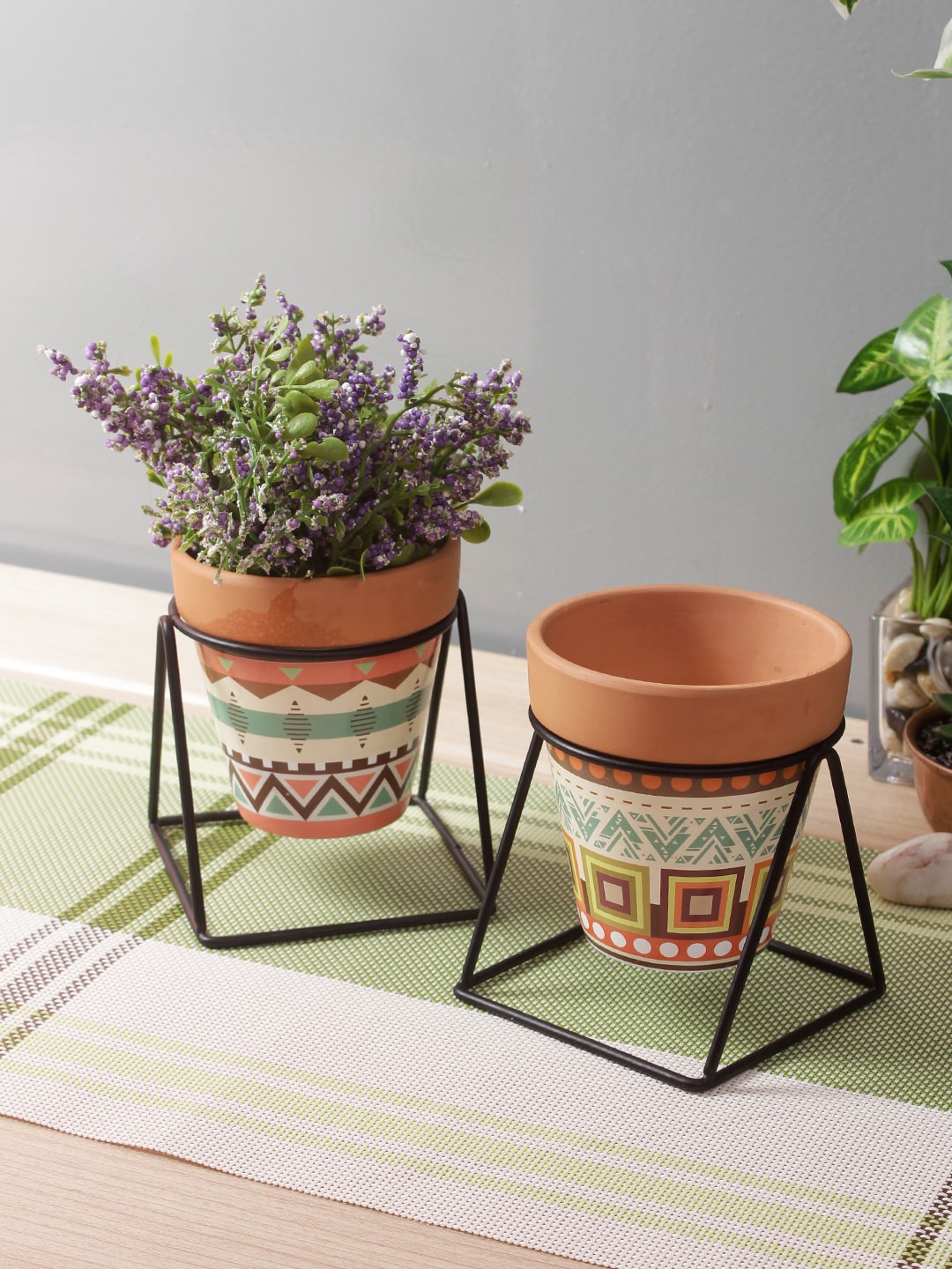 

Aapno Rajasthan Set Of 2 Brown Printed Ceramic Planters with Stand