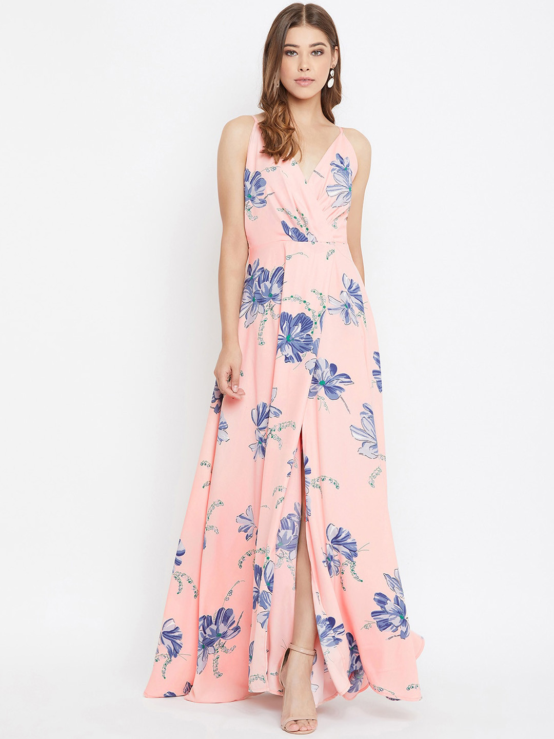 

Berrylush Women Pink & Blue Floral Print Maxi Dress
