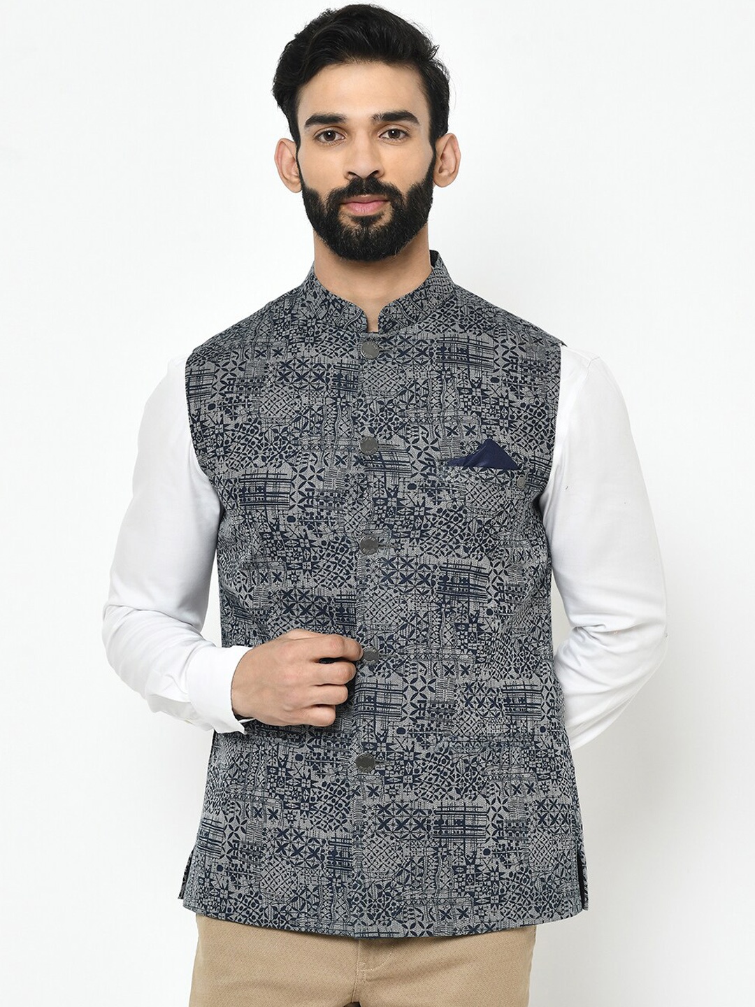 

KISAH Men Grey Melange & Black Printed Nehru Jacket