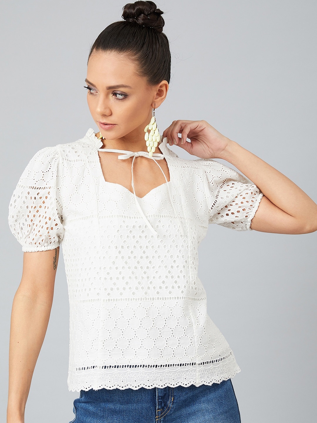 

Athena Women White Self Design Empire Pure Cotton Top