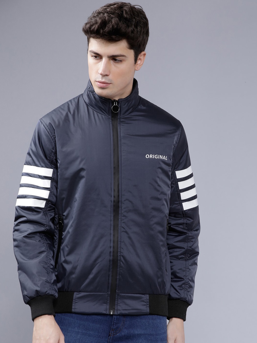 

The Indian Garage Co Men Navy Blue Striped Lightweight Bomber