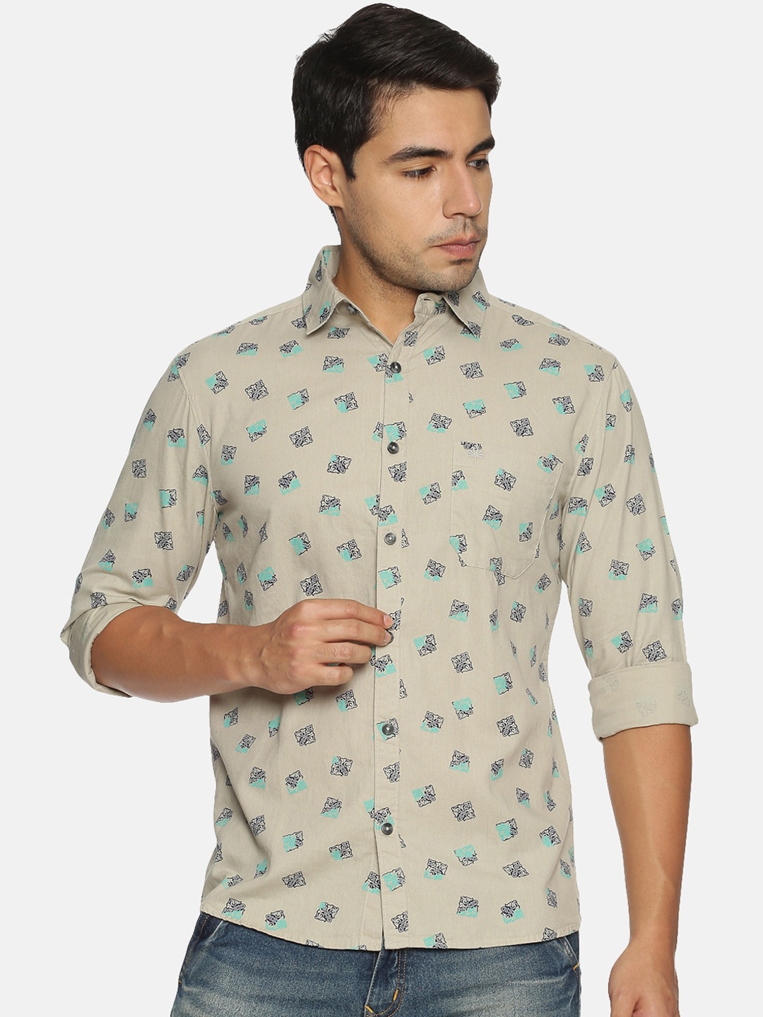 

Chennis Men Taupe Slim Fit Printed Casual Shirt