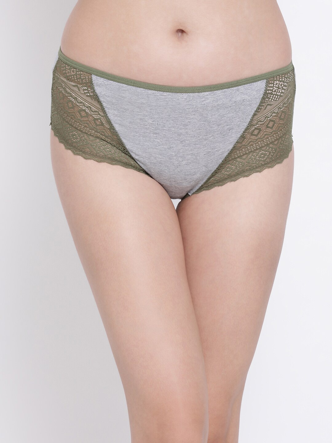 

Clovia Women Grey & Green Colourblocked Hipster Briefs With Lace Wings PN1060D17XXL