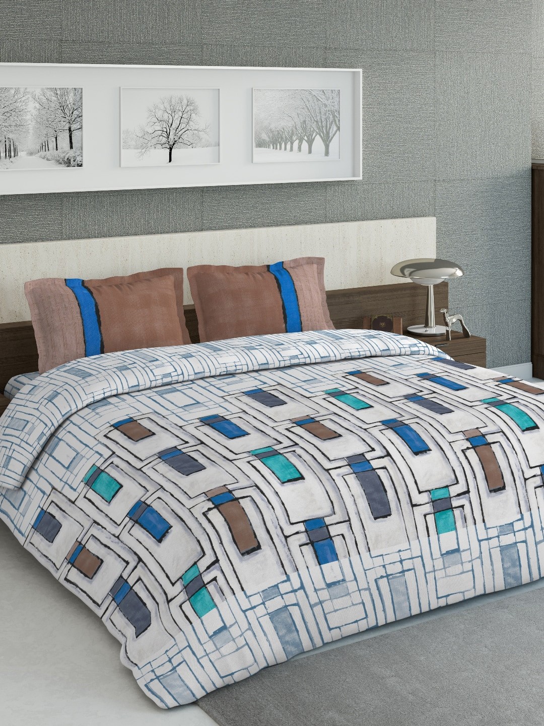 

DDecor White & Blue Geometric Printed Double Queen Cotton Bedding Set