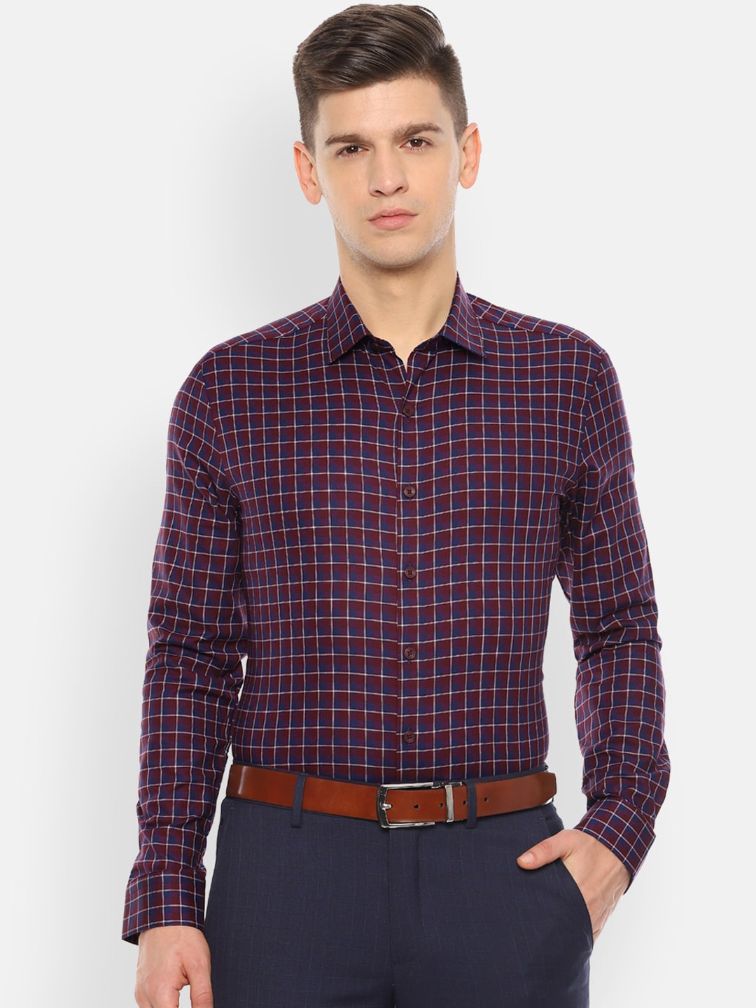 

Louis Philippe Men Maroon & Blue Slim Fit Checked Formal Shirt