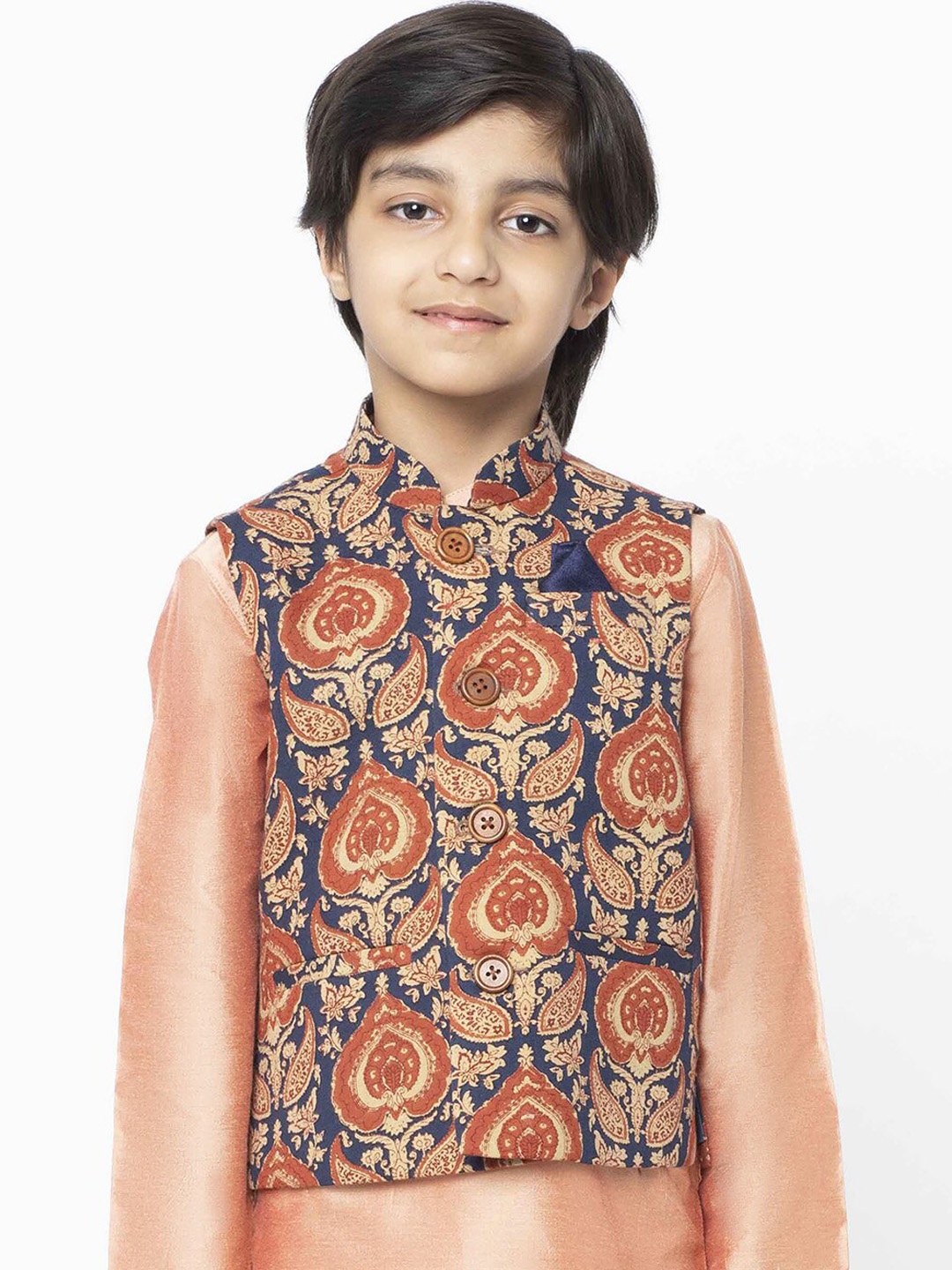 KISAH Boys Blue & Rust-orange Printed Woven Nehru Jacket