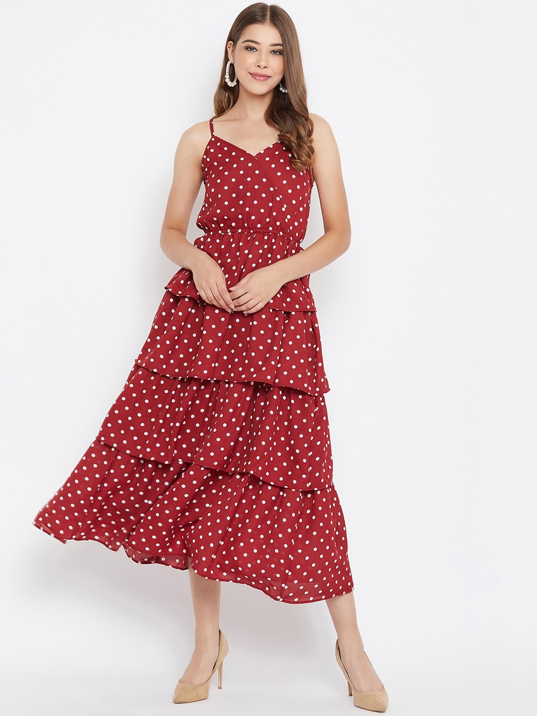 Berrylush Women Red Polka Dot Printed Fit and Flare Dress