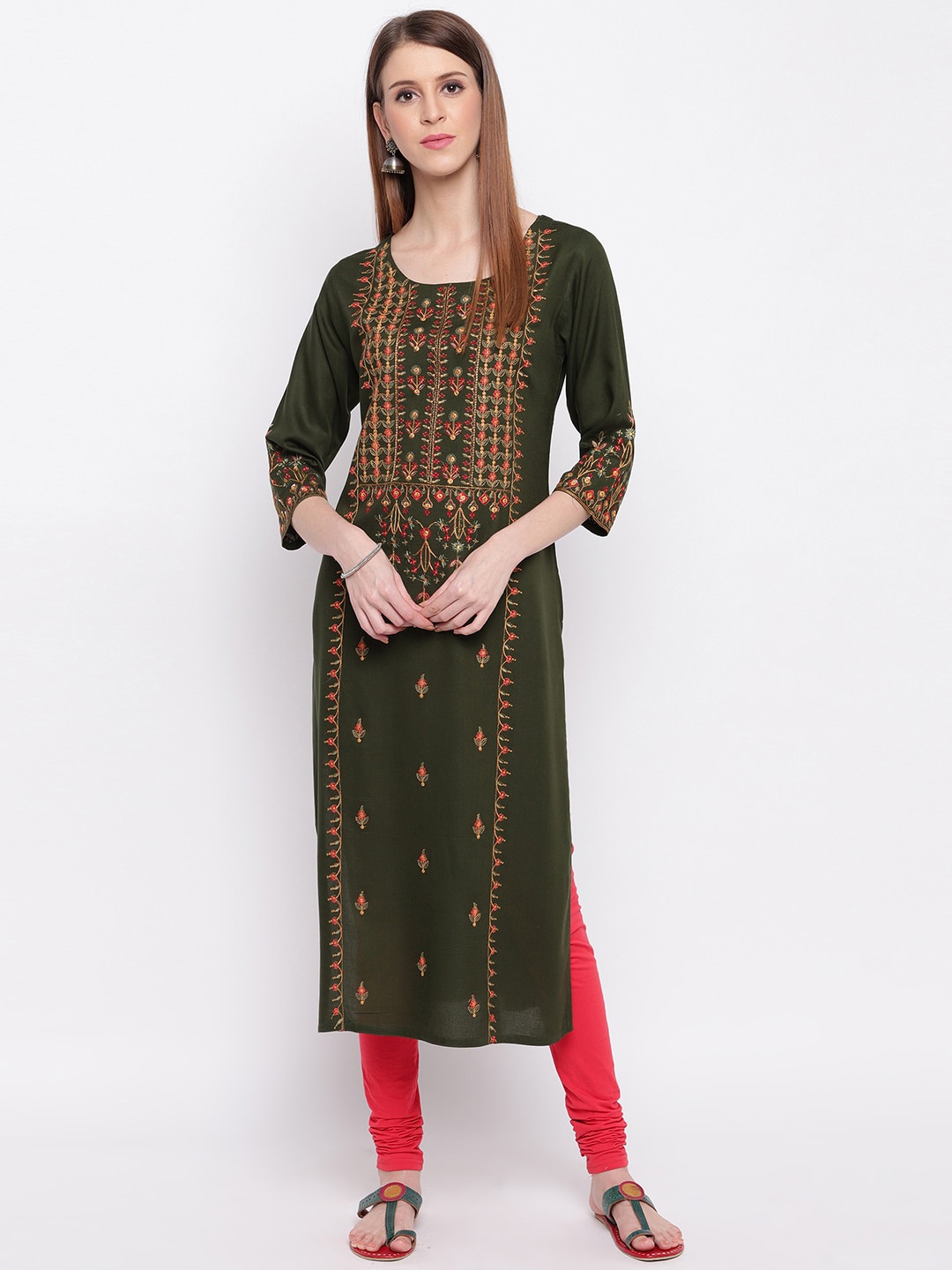 

Vbuyz Women Green Embroidered Straight Kurta