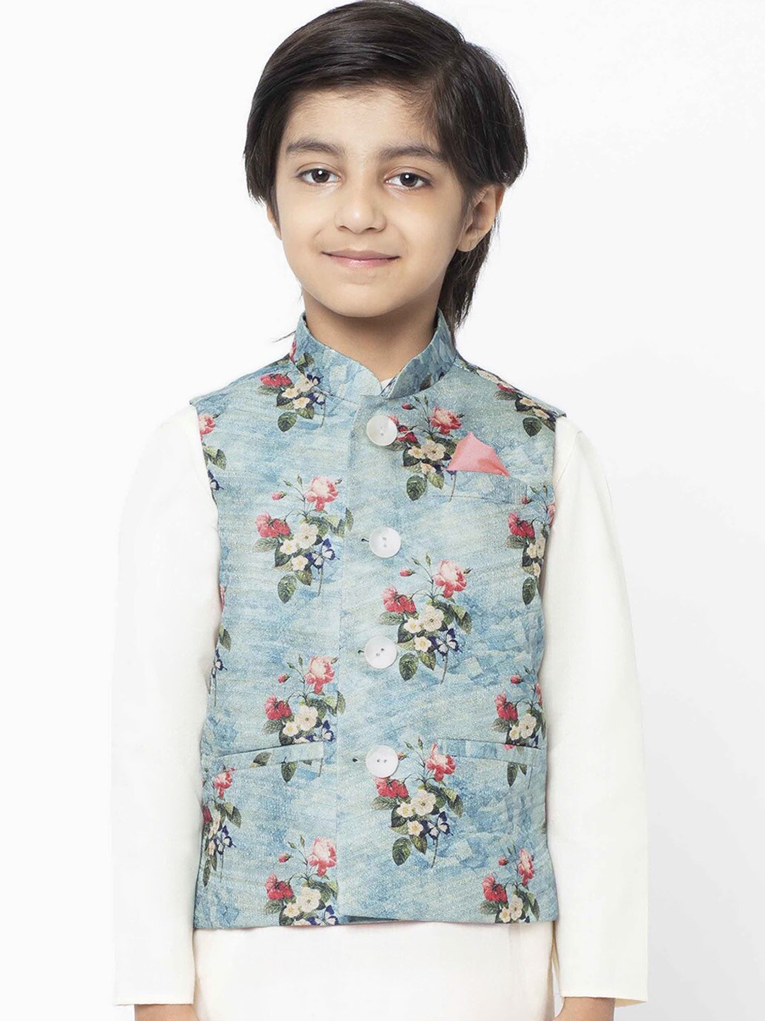 

KISAH Boys Blue & Red Floral Print Nehru Jacket