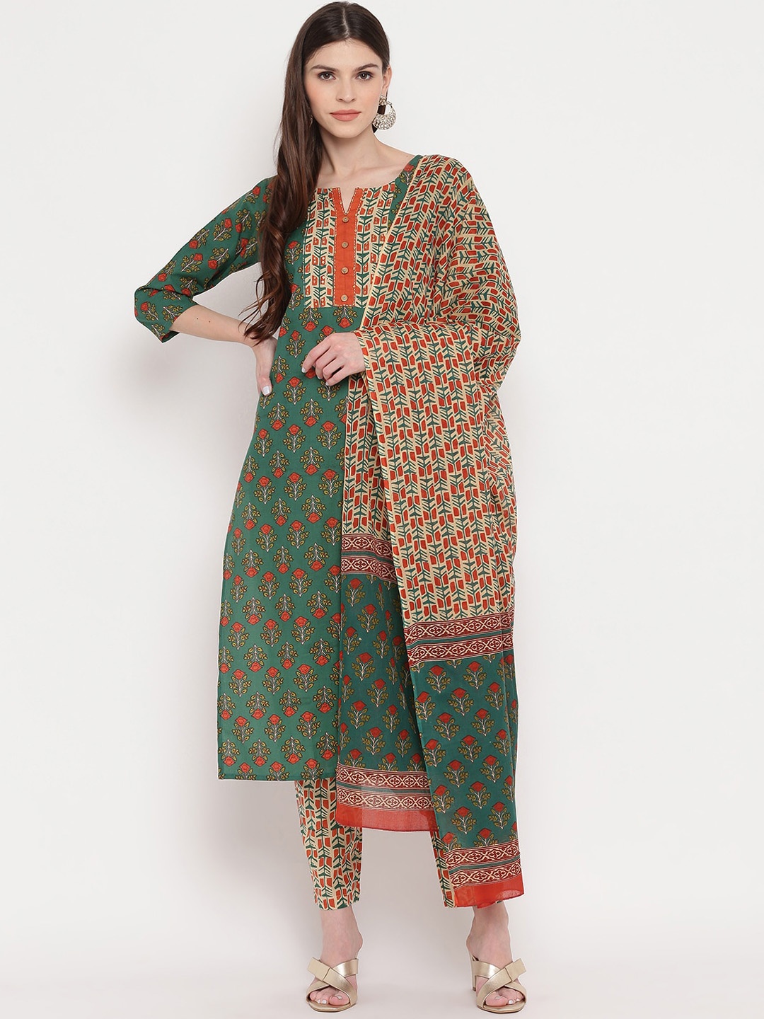 Vbuyz Women Green Floral Printed Kurta with Trousers & Dupatta